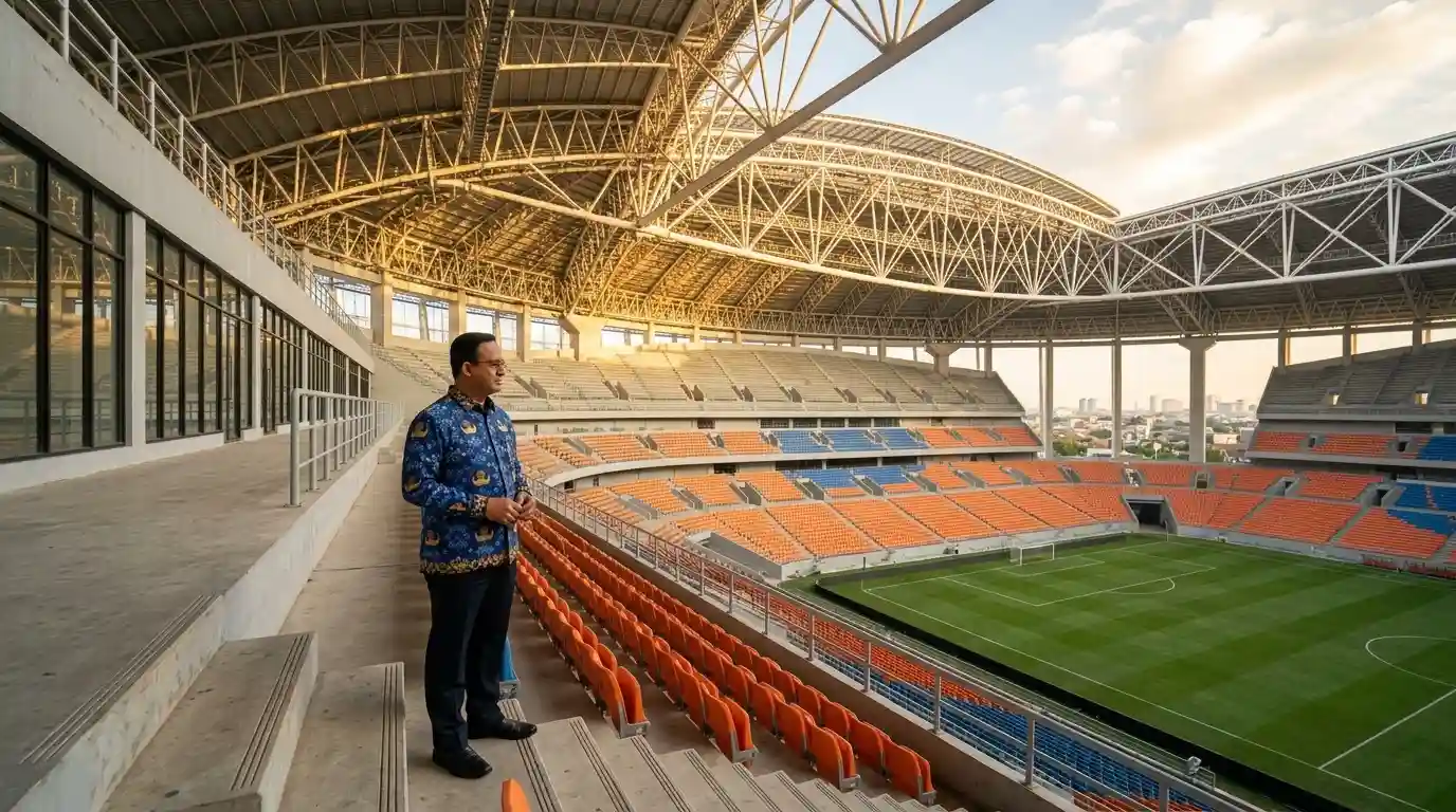 Anies Baswedan berdiri di tribun Jakarta International Stadium (JIS), merepresentasikan legacy infrastruktur olahraga di tengah tantangan pemeliharaan jangka panjang.