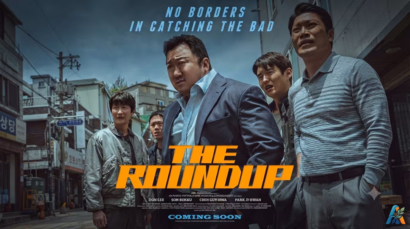 Poster film aksi Korea The Roundup menampilkan detektif Ma Seok-do dan timnya dalam sebuah misi pengejaran kriminal yang mendebarkan.