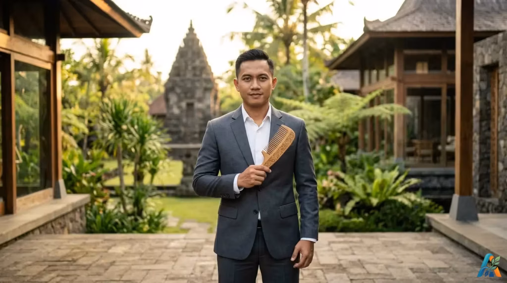 Seorang pebisnis menunjukkan sisir kayu ukir kepada biarawan, dengan latar belakang lingkungan kuil Indonesia dan kehadiran seorang anak Asmat yang melambangkan realitas kehidupan.