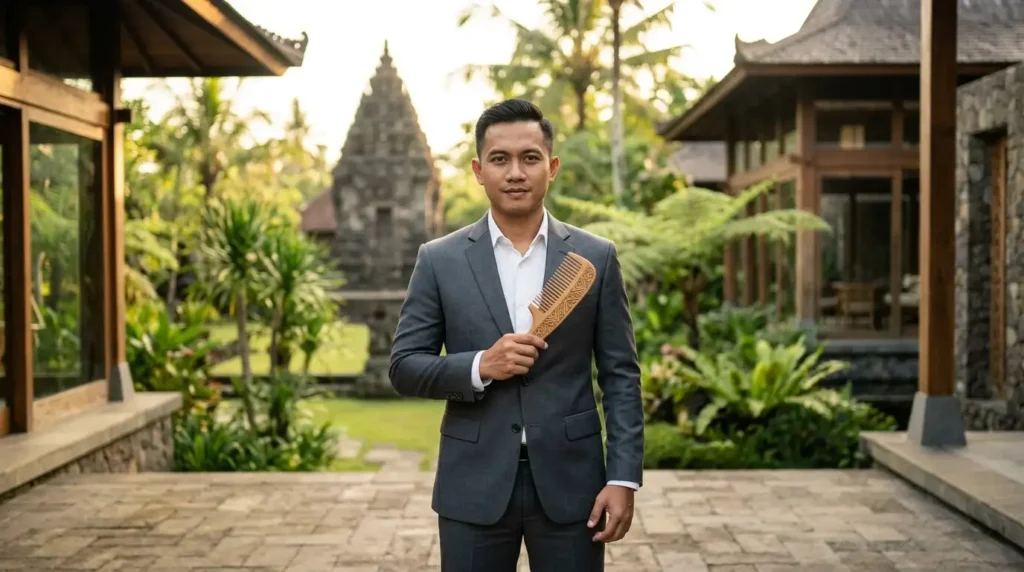 Seorang pebisnis menunjukkan sisir kayu ukir kepada biarawan, dengan latar belakang lingkungan kuil Indonesia dan kehadiran seorang anak Asmat yang melambangkan realitas kehidupan.