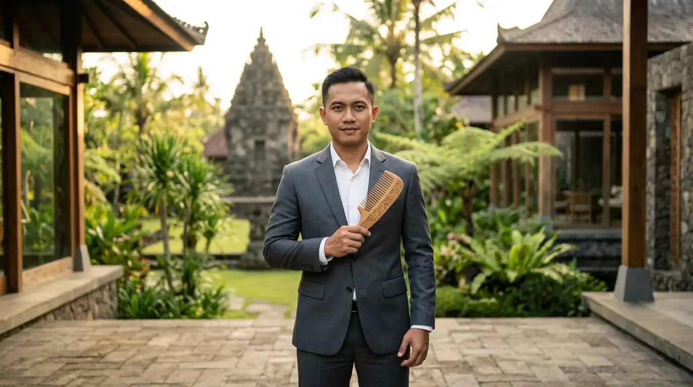 Seorang pebisnis menunjukkan sisir kayu ukir kepada biarawan, dengan latar belakang lingkungan kuil Indonesia dan kehadiran seorang anak Asmat yang melambangkan realitas kehidupan.