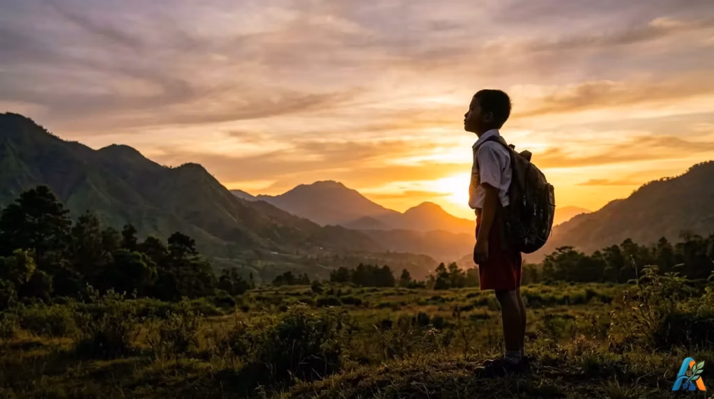Bocah laki-laki berdiri di lapangan terbuka Indonesia saat senja, menyandang tas sekolah, merepresentasikan kejujuran dan ironi dalam kisah humor satir.