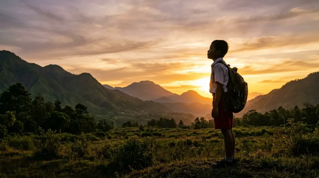 Bocah laki-laki berdiri di lapangan terbuka Indonesia saat senja, menyandang tas sekolah, merepresentasikan kejujuran dan ironi dalam kisah humor satir.