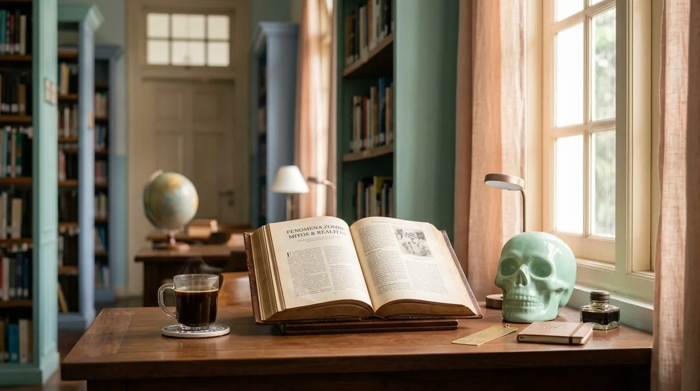 Buku tua terbuka tentang Fenomena Zombi di samping tengkorak keramik modern warna mint dan kopi hitam di perpustakaan klasik Jakarta yang estetik.