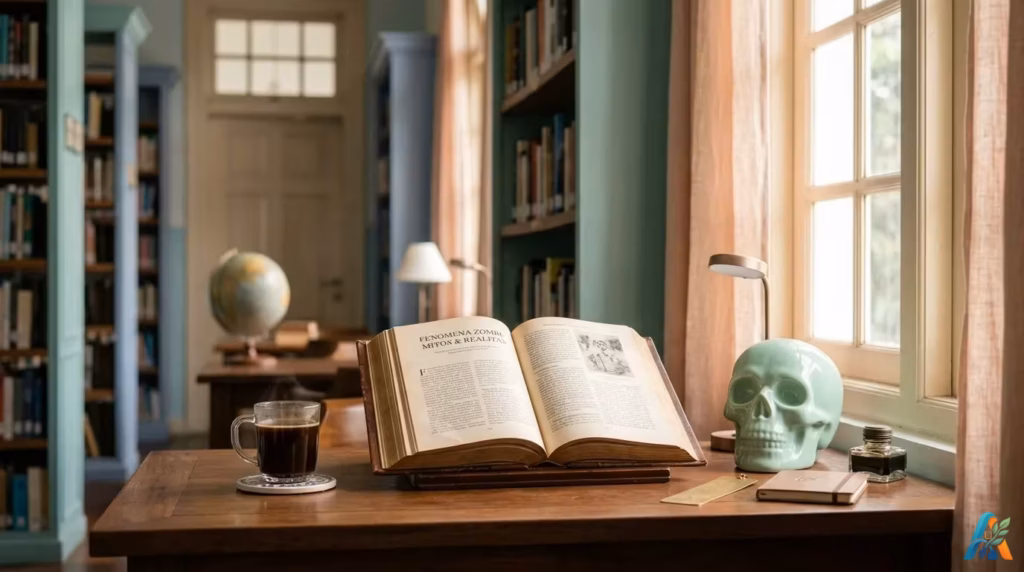 Buku tua terbuka tentang Fenomena Zombi di samping tengkorak keramik modern warna mint dan kopi hitam di perpustakaan klasik Jakarta yang estetik.