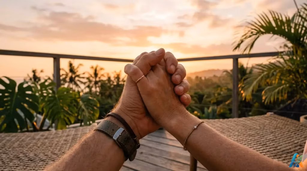 Tangan bertautan erat saat senja di teras minimalis tropis Bali Indonesia dengan latar belakang pepohonan palem yang hangat dan intim.