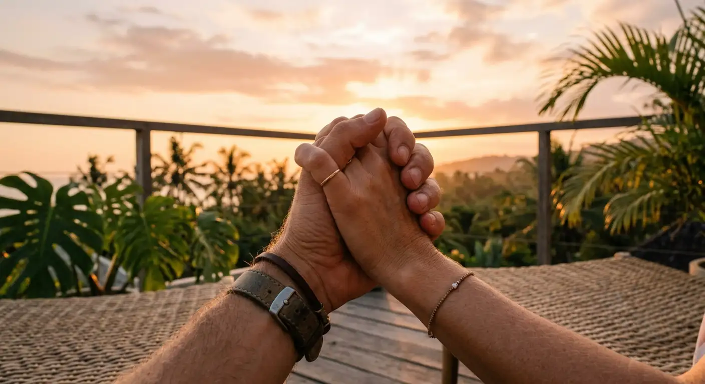 Tangan bertautan erat saat senja di teras minimalis tropis Bali Indonesia dengan latar belakang pepohonan palem yang hangat dan intim.