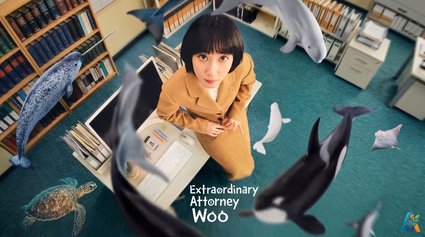 Poster drama Korea Extraordinary Attorney Woo yang menampilkan karakter utama Woo Young-woo dengan elemen paus yang ikonik.