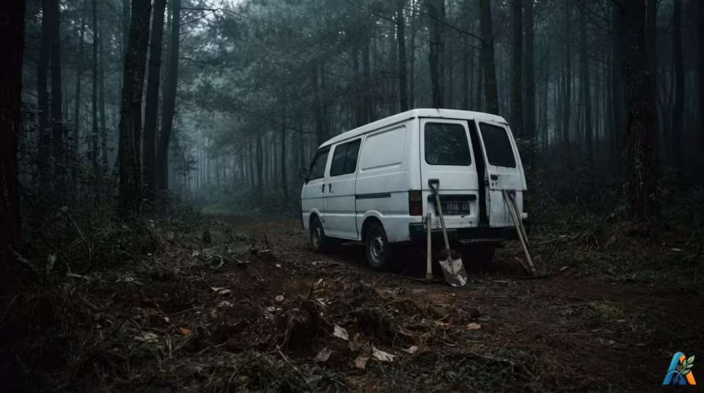 Sebuah van putih terparkir di tengah hutan berkabut dengan sekop bersandar di belakangnya, menciptakan suasana misterius dan mencekam.