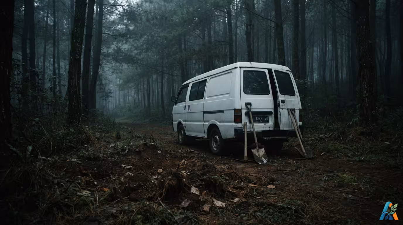Sebuah van putih terparkir di tengah hutan berkabut dengan sekop bersandar di belakangnya, menciptakan suasana misterius dan mencekam.