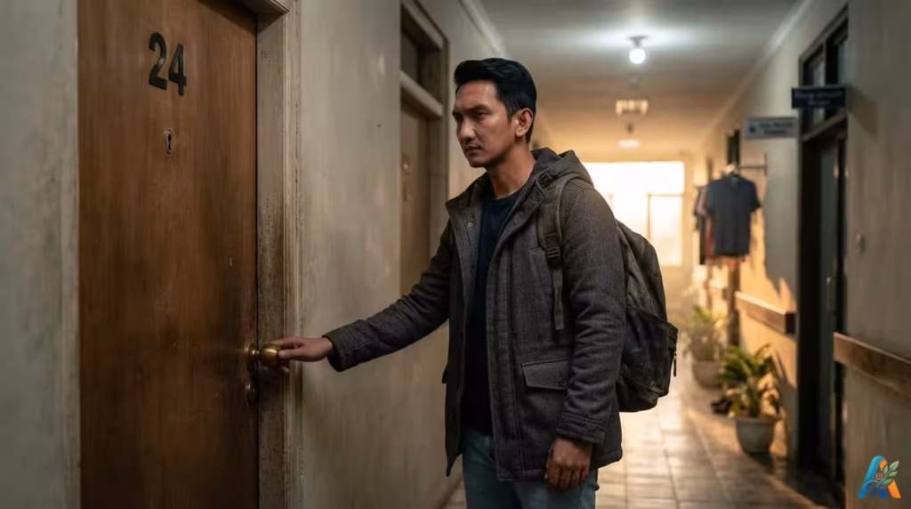 Tirta sedang menutup pintu kamar kos nomor 24 dengan latar koridor yang gelap.