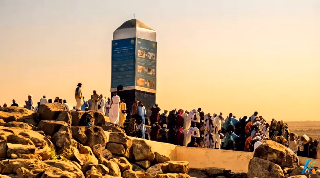 Pemandangan senja Jabal Rahmah di Mekah dengan kerumunan jamaah haji mengelilingi tugu prasasti besar di puncak bukit berbatu.