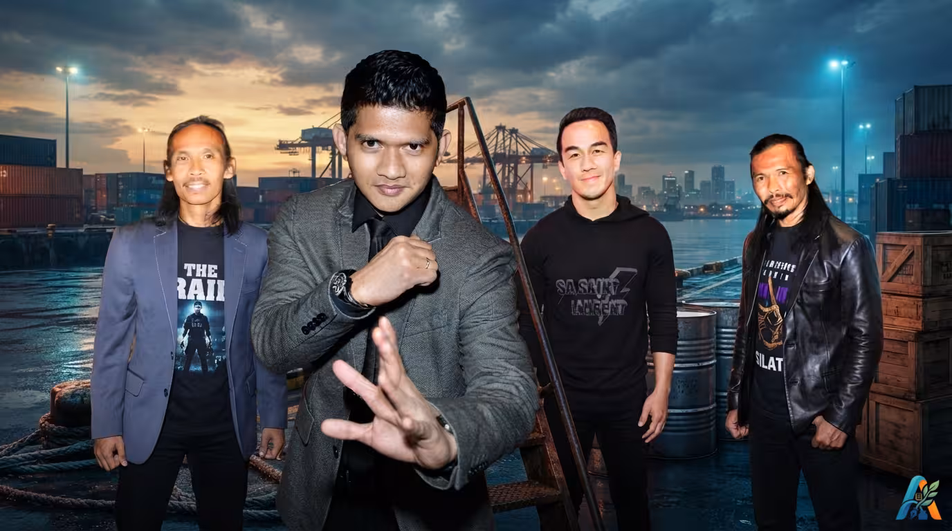 Foto empat aktor laga Indonesia: Yayan Ruhian, Iko Uwais, Joe Taslim, dan Cecep Arif Rahman, berpose di latar dermaga pelabuhan saat senja.