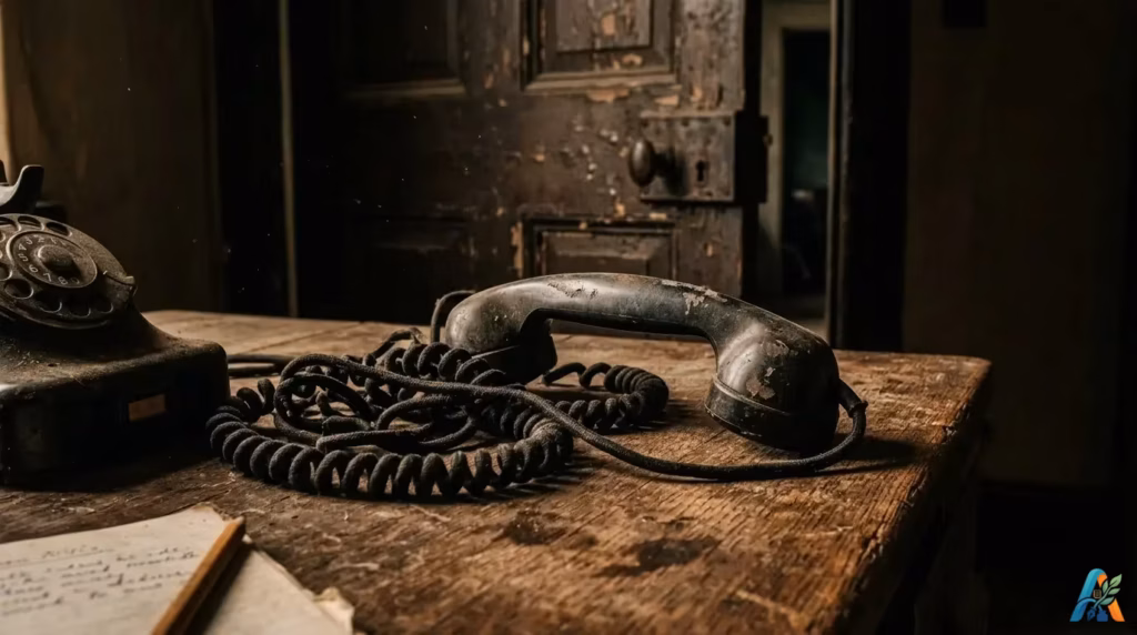 Gagang telepon tua yang tergeletak di meja kayu, melambangkan komunikasi yang terputus di tengah kesibukan orang dewasa