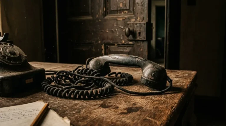 Gagang telepon tua yang tergeletak di meja kayu, melambangkan komunikasi yang terputus di tengah kesibukan orang dewasa
