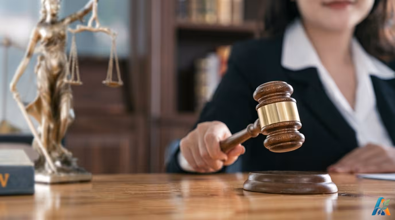 Seorang hakim wanita dengan setelan jas hitam memegang palu sidang kayu di atas meja di ruang sidang, dengan patung Lady Justice di latar belakang.