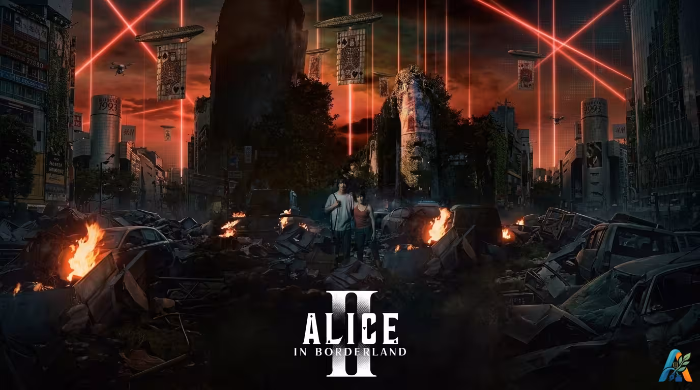 Poster Alice in Borderland Season 2 menampilkan Arisu dan Usagi di tengah kehancuran kota Tokyo yang dipenuhi laser merah dan kartu remi.