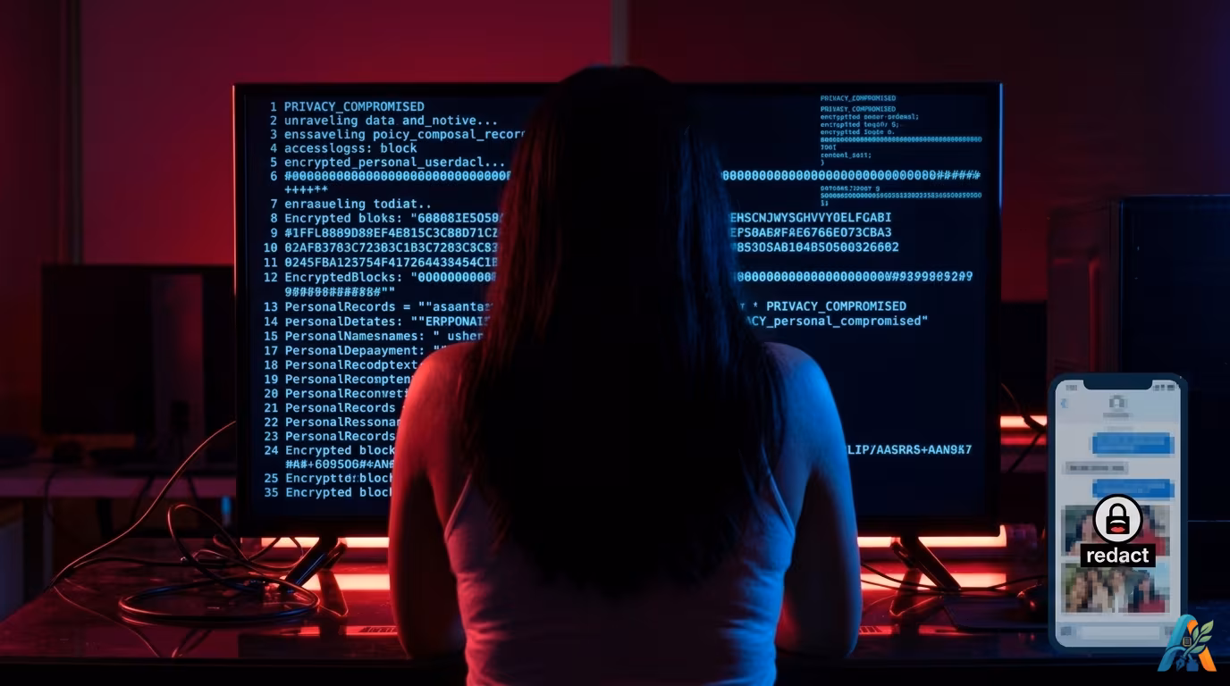 Wanita menghadap layar komputer berisi kode peretasan data pribadi dan privasi digital terancam.