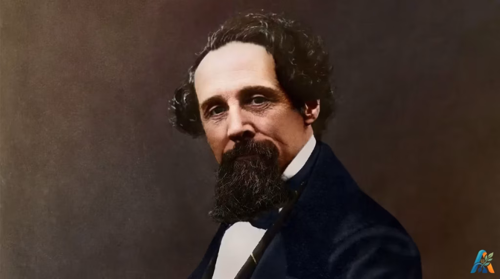 Potret berwarna Charles Dickens mengenakan jas hitam dan dasi kupu-kupu putih