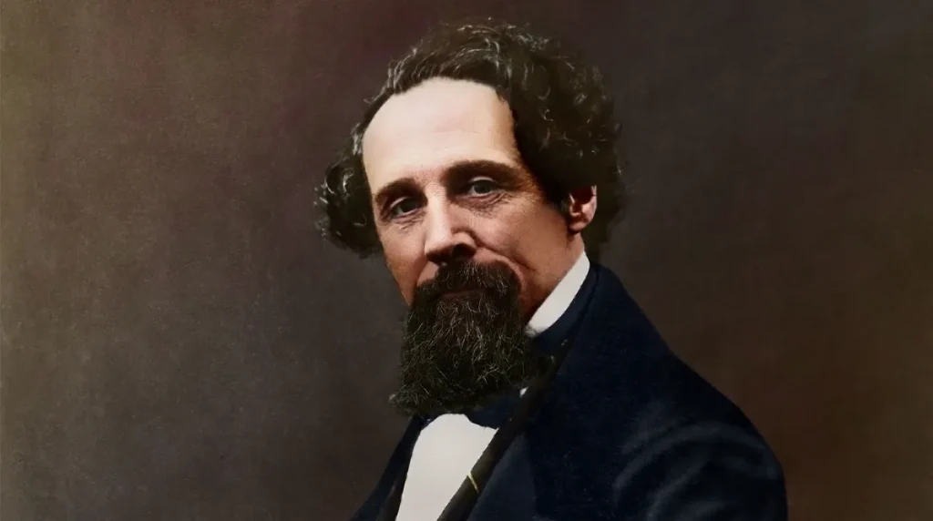 Potret berwarna Charles Dickens mengenakan jas hitam dan dasi kupu-kupu putih