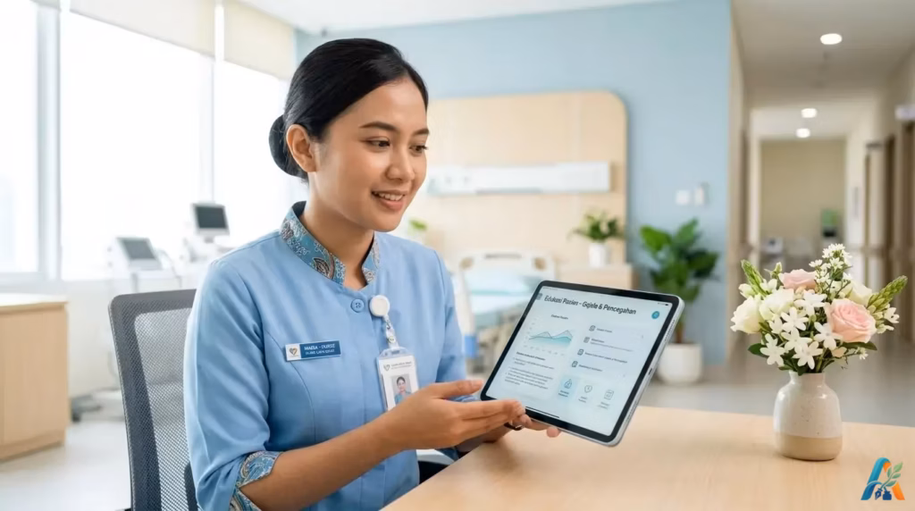 Tenaga kesehatan di Indonesia sedang memberikan edukasi melalui tablet di ruangan modern, merepresentasikan pentingnya literasi fakta kesehatan di masa pandemi.