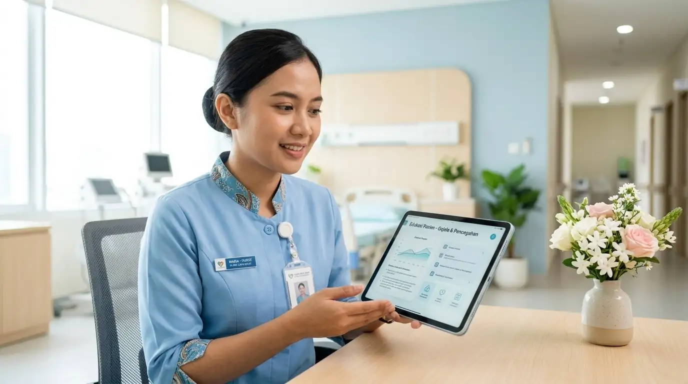 Tenaga kesehatan di Indonesia sedang memberikan edukasi melalui tablet di ruangan modern, merepresentasikan pentingnya literasi fakta kesehatan di masa pandemi.