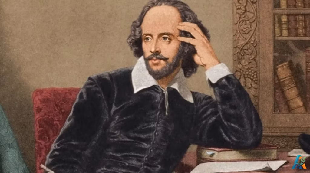 Lukisan potret William Shakespeare duduk memegang pena bulu ayam di samping meja kerja kayu