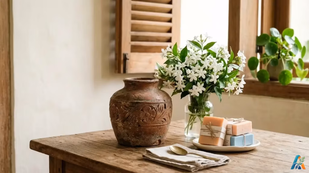 Wadah keramik, bunga melati, dan sabun pastel di atas meja kayu, menyimbolkan evolusi konsep kebersihan manusia dari masa lalu yang kotor menuju gaya hidup modern yang higienis.