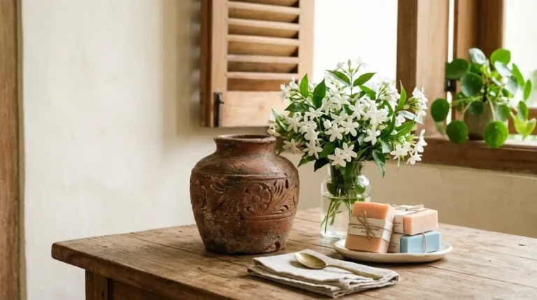 Wadah keramik, bunga melati, dan sabun pastel di atas meja kayu, menyimbolkan evolusi konsep kebersihan manusia dari masa lalu yang kotor menuju gaya hidup modern yang higienis.
