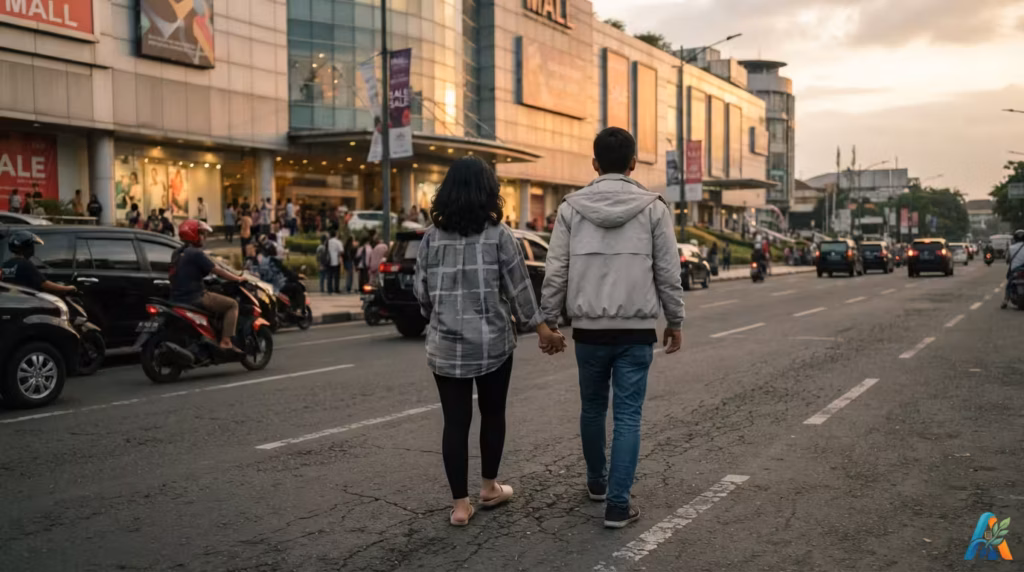 Sepasang kekasih tampak belakang bergandengan tangan menyeberangi jalan raya di depan mall saat suasana sore hari.