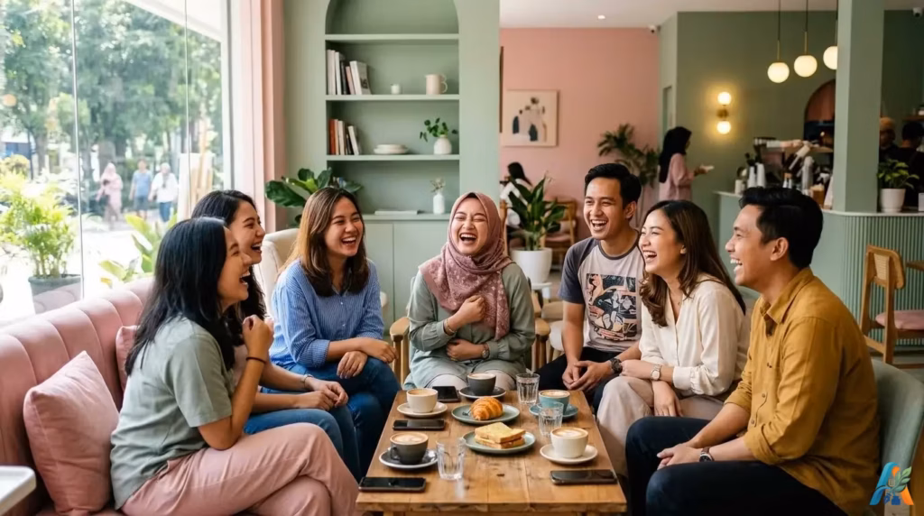 Sekelompok sahabat tertawa lepas di sebuah kafe minimalis dengan dekorasi warna pastel, menyimbolkan manfaat kesehatan mental dan fisik dari tawa.