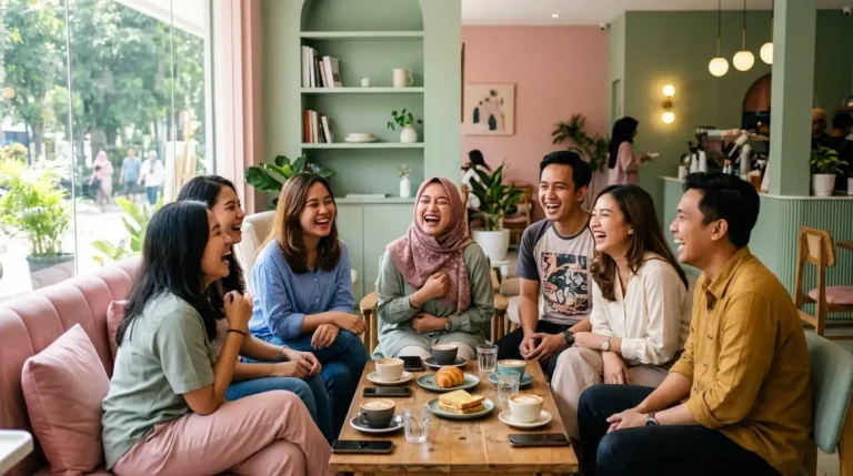 Sekelompok sahabat tertawa lepas di sebuah kafe minimalis dengan dekorasi warna pastel, menyimbolkan manfaat kesehatan mental dan fisik dari tawa.