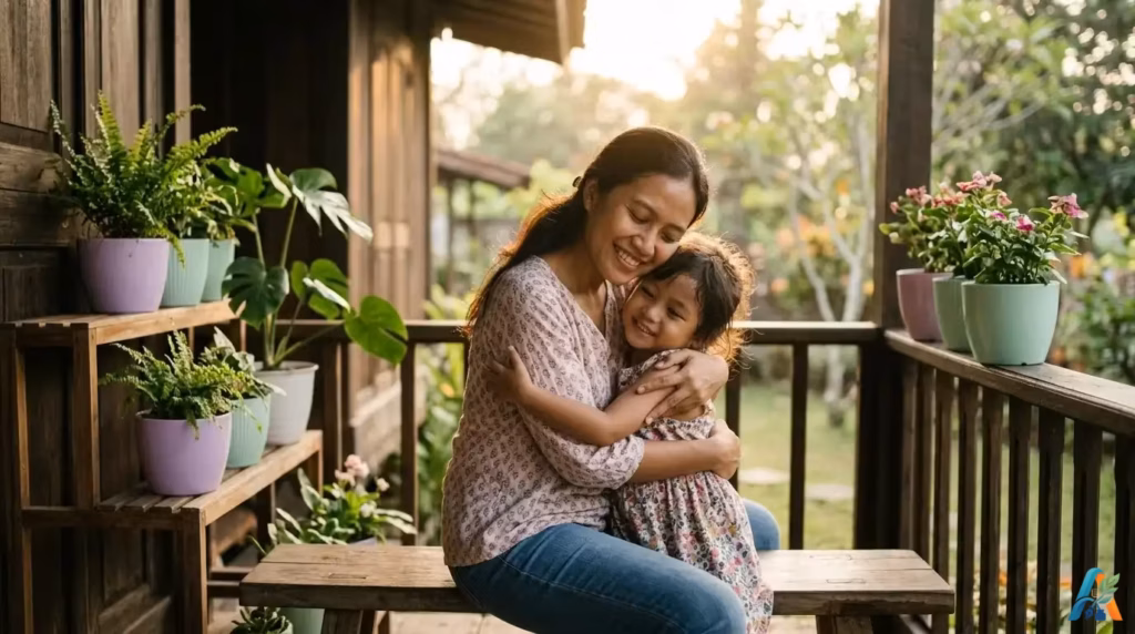 Seorang ibu memeluk anaknya di teras rumah yang cerah, merepresentasikan kekuatan sentuhan fisik untuk kesehatan emosional dan perkembangan anak.