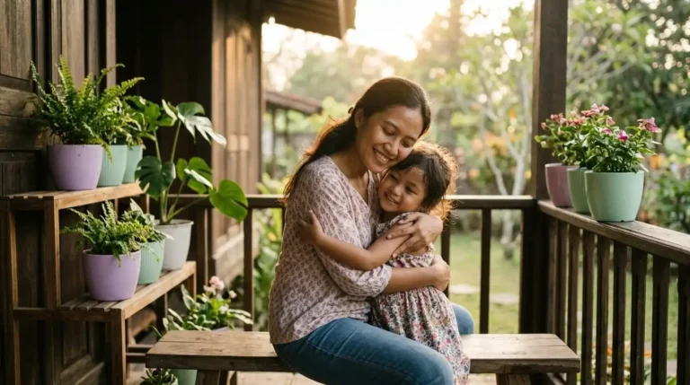 Seorang ibu memeluk anaknya di teras rumah yang cerah, merepresentasikan kekuatan sentuhan fisik untuk kesehatan emosional dan perkembangan anak.