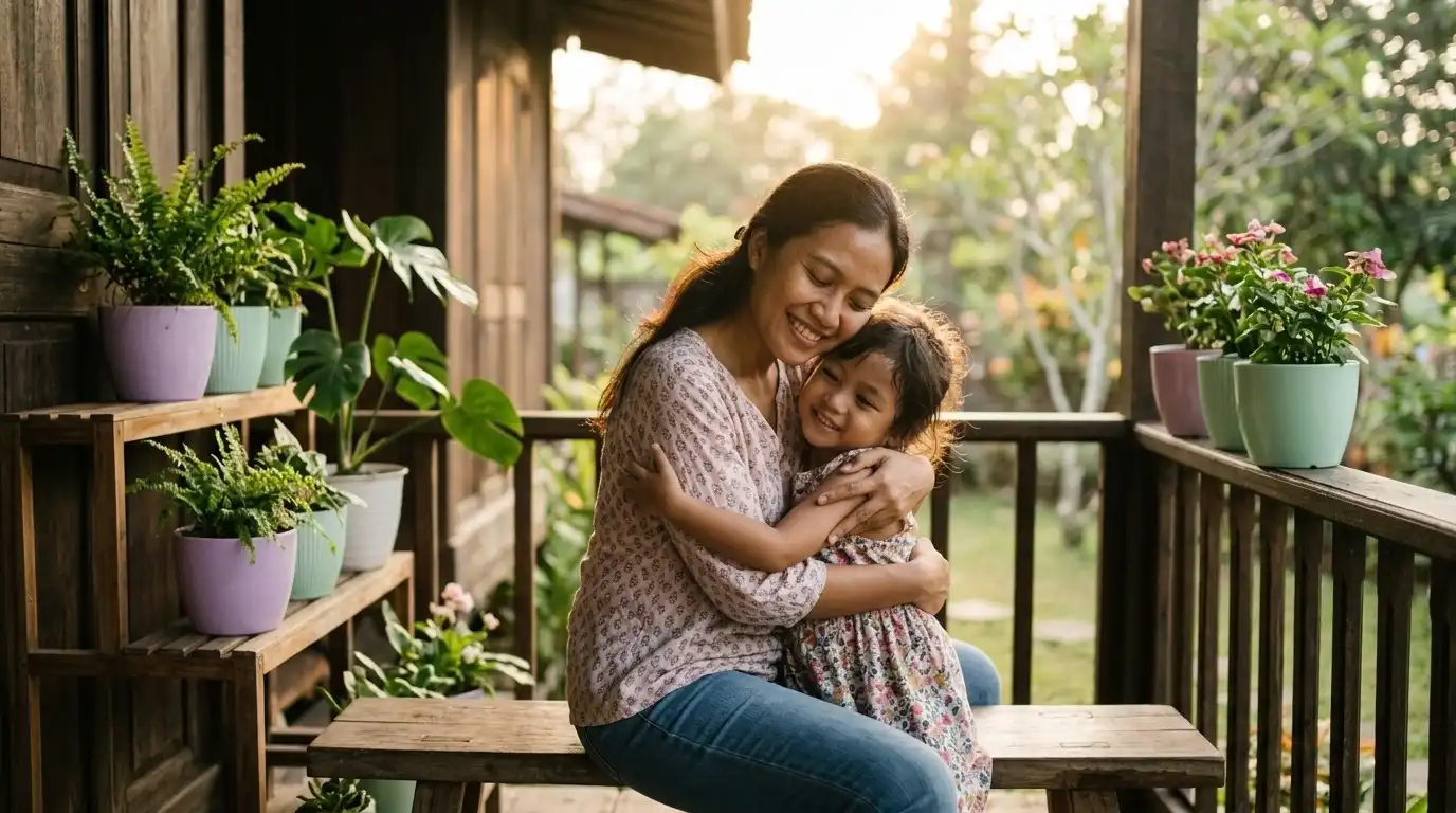Seorang ibu memeluk anaknya di teras rumah yang cerah, merepresentasikan kekuatan sentuhan fisik untuk kesehatan emosional dan perkembangan anak.