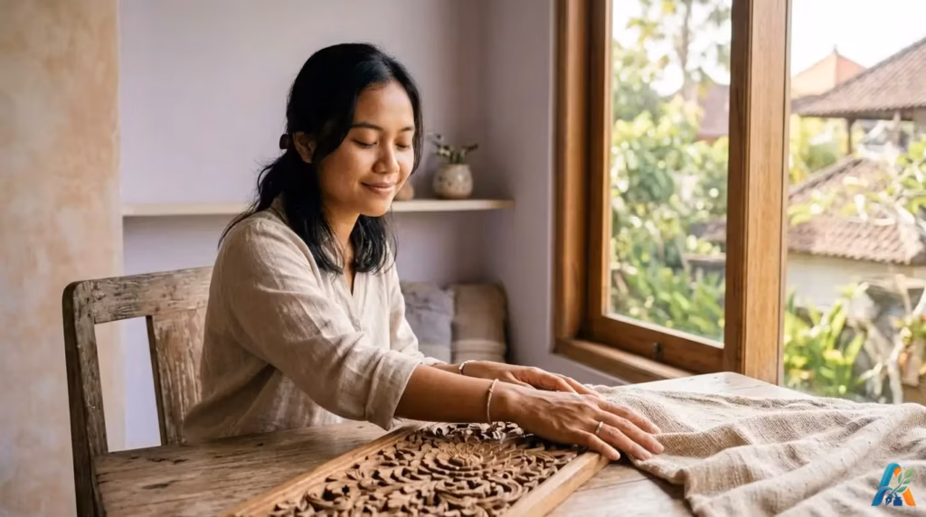 Seseorang menyentuh permukaan benda dengan ekspresi tenang di ruangan bernuansa pastel, merepresentasikan bagaimana dunia mimpi dibentuk melalui indra selain penglihatan.