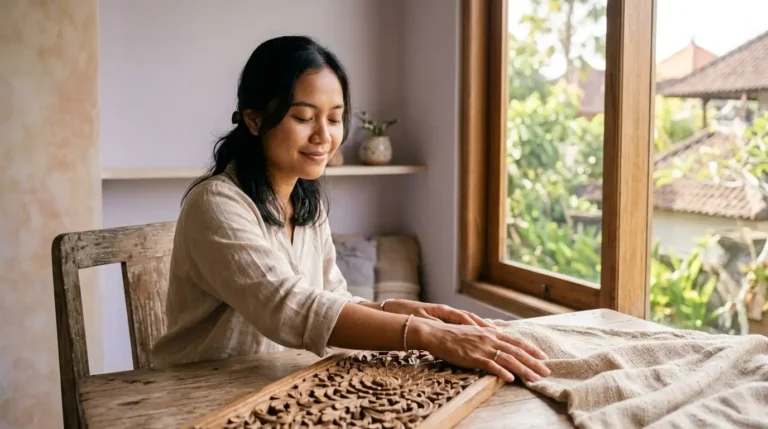 Seseorang menyentuh permukaan benda dengan ekspresi tenang di ruangan bernuansa pastel, merepresentasikan bagaimana dunia mimpi dibentuk melalui indra selain penglihatan.