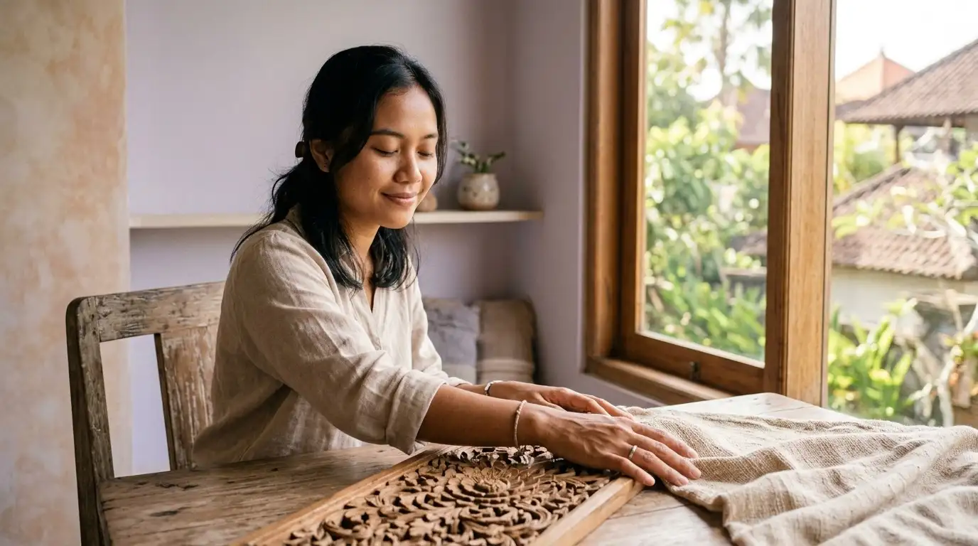 Seseorang menyentuh permukaan benda dengan ekspresi tenang di ruangan bernuansa pastel, merepresentasikan bagaimana dunia mimpi dibentuk melalui indra selain penglihatan.