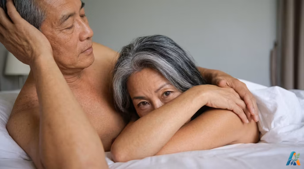 Potret dekat pasangan lansia Asia berpelukan di tempat tidur, ekspresi intim dan penuh kasih sayang, rambut beruban alami.