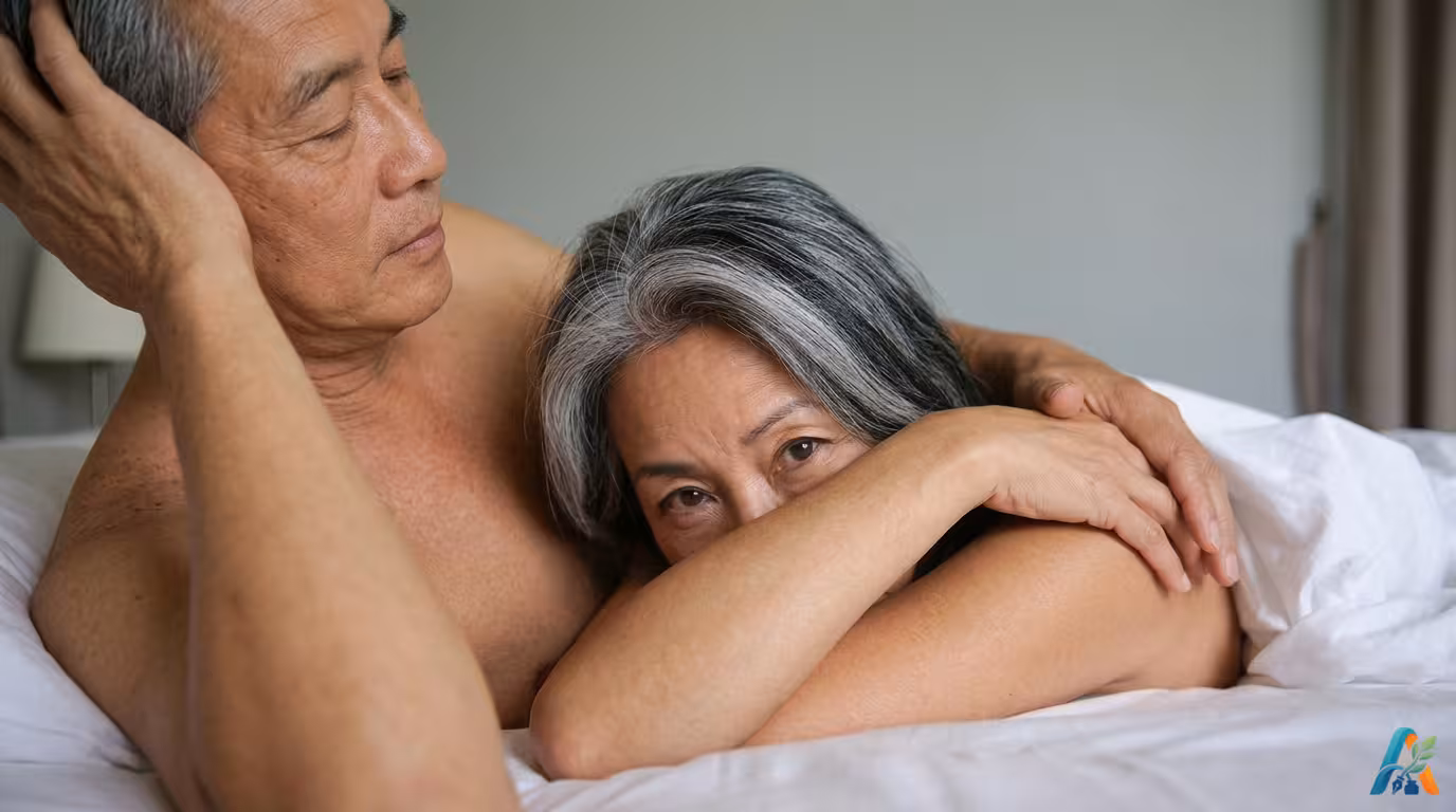 Potret dekat pasangan lansia Asia berpelukan di tempat tidur, ekspresi intim dan penuh kasih sayang, rambut beruban alami.