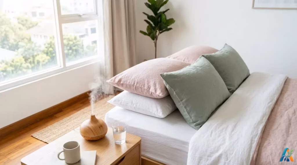 Tumpukan bantal dengan sarung warna pastel, segelas air, dan diffuser di kamar tidur minimalis, merepresentasikan lingkungan tidur yang ideal untuk mengurangi dengkuran.