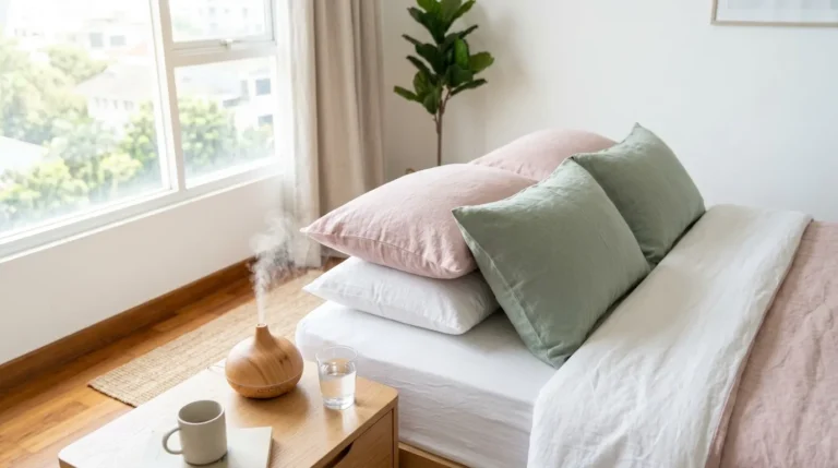 Tumpukan bantal dengan sarung warna pastel, segelas air, dan diffuser di kamar tidur minimalis, merepresentasikan lingkungan tidur yang ideal untuk mengurangi dengkuran.