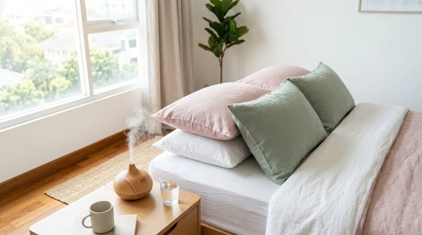 Tumpukan bantal dengan sarung warna pastel, segelas air, dan diffuser di kamar tidur minimalis, merepresentasikan lingkungan tidur yang ideal untuk mengurangi dengkuran.