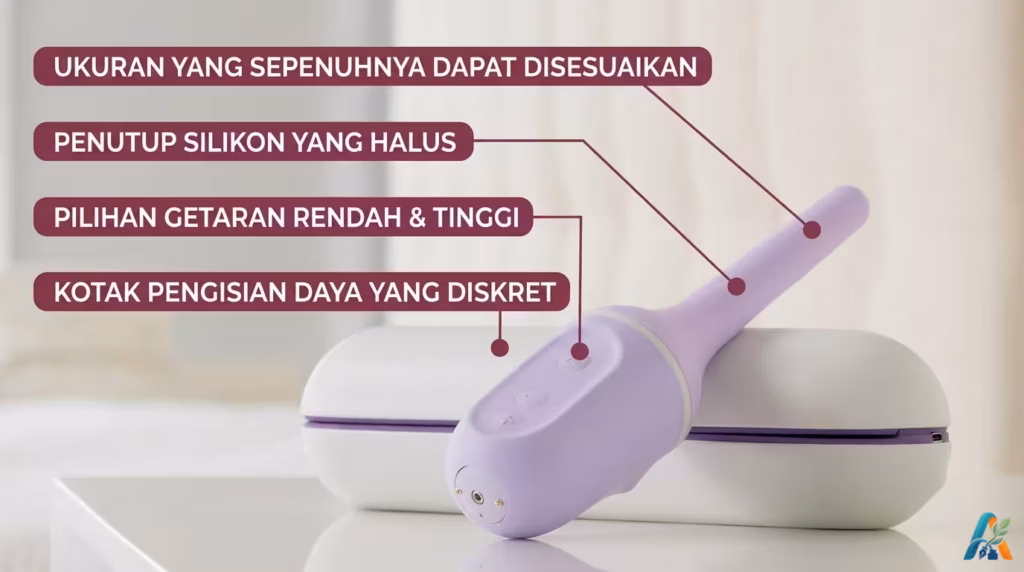 Alat dilator vagina Milli berwarna ungu dengan keterangan fitur dalam Bahasa Indonesia, termasuk penutup silikon halus dan pilihan getaran.