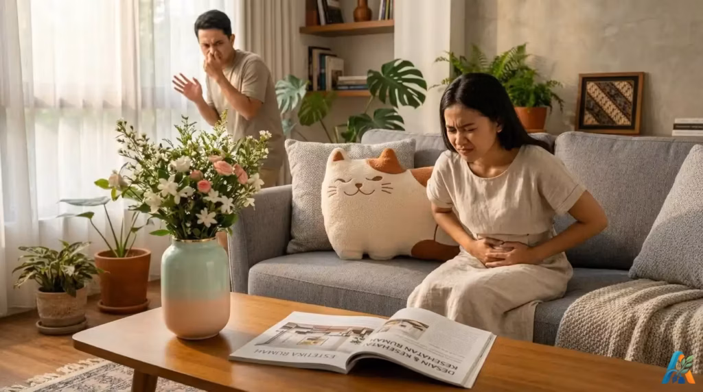 Seorang wanita memegang perut di sofa karena sakit, sementara seorang pria di latar belakang menutup hidung, di ruang tamu minimalis Indonesia yang cerah.