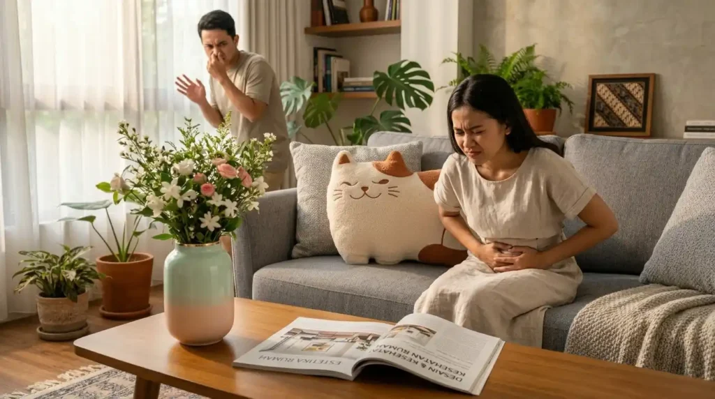 Seorang wanita memegang perut di sofa karena sakit, sementara seorang pria di latar belakang menutup hidung, di ruang tamu minimalis Indonesia yang cerah.