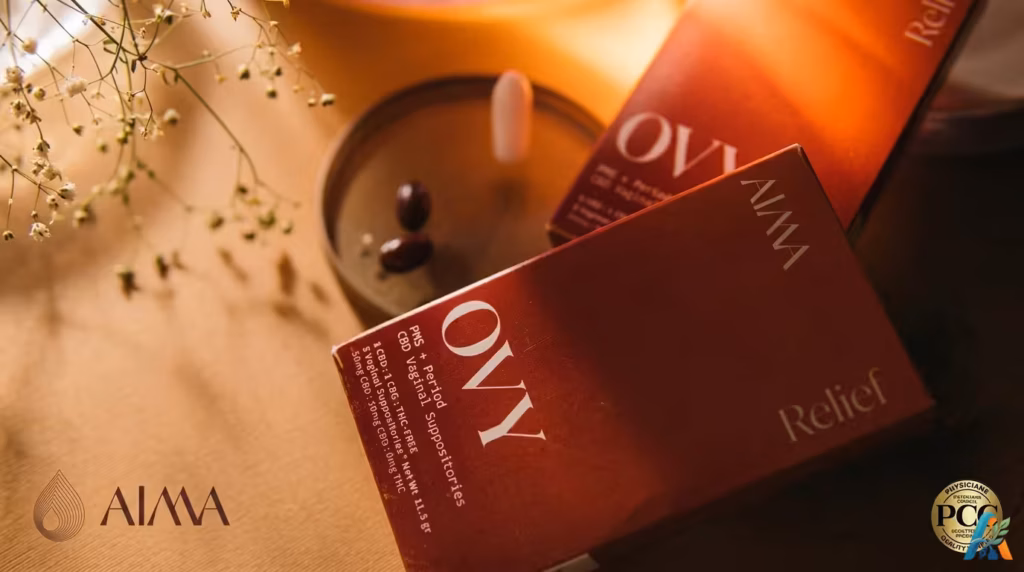 Kemasan Ovy Relief, supositoria vagina dengan CBD dan CBG, dirancang untuk meredakan nyeri haid dan PMS secara alami dan terverifikasi.