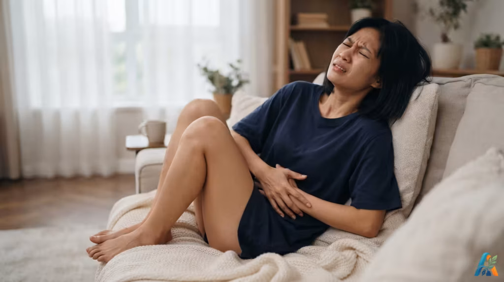 Wanita Asia di sofa memegang area panggul dengan ekspresi tegang, menggambarkan penderitaan akibat Sindrom Genitourinari Menopause (GSM).