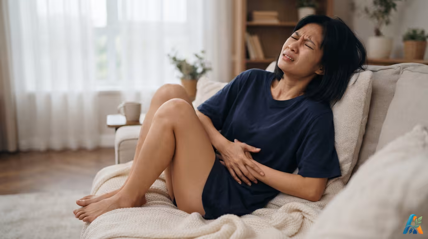 Wanita Asia di sofa memegang area panggul dengan ekspresi tegang, menggambarkan penderitaan akibat Sindrom Genitourinari Menopause (GSM).