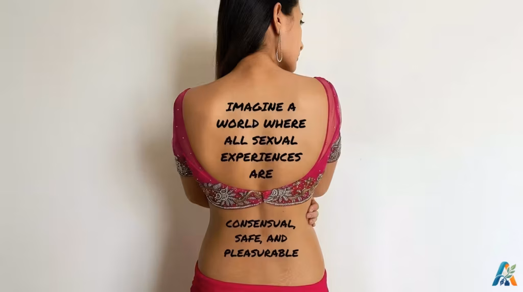 Foto tampak belakang seorang wanita mengenakan atasan pink dengan teks tentang pengalaman seksual yang konsensual, aman, dan menyenangkan.